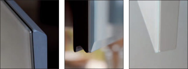 Варианты обработки кромок стеклянных фасадов кухонь Contempora, компании Aster Cucine