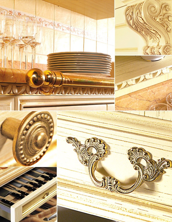 Отделку в представленных образцах коллекция кухонь Royal CADORE включение стоечек и орнаментов по индивидуальному заказу.