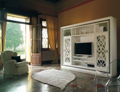 Стеллаж для ТВ белый с резными створками и нишами Villa, Arve Style
