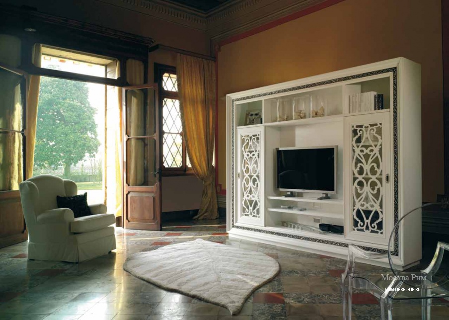 Стеллаж для ТВ белый с резными створками и нишами Villa, Arve Style