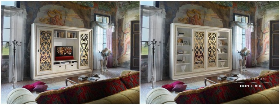 Стеллаж для ТВ с раздвижными дверцами в позолоте Villa, Arve Style